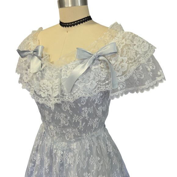 Gunne Sax Vintage 80s Lace Princess Dress Size S Ice Blue Bows Fairy Ruffle - Picture 7 of 12